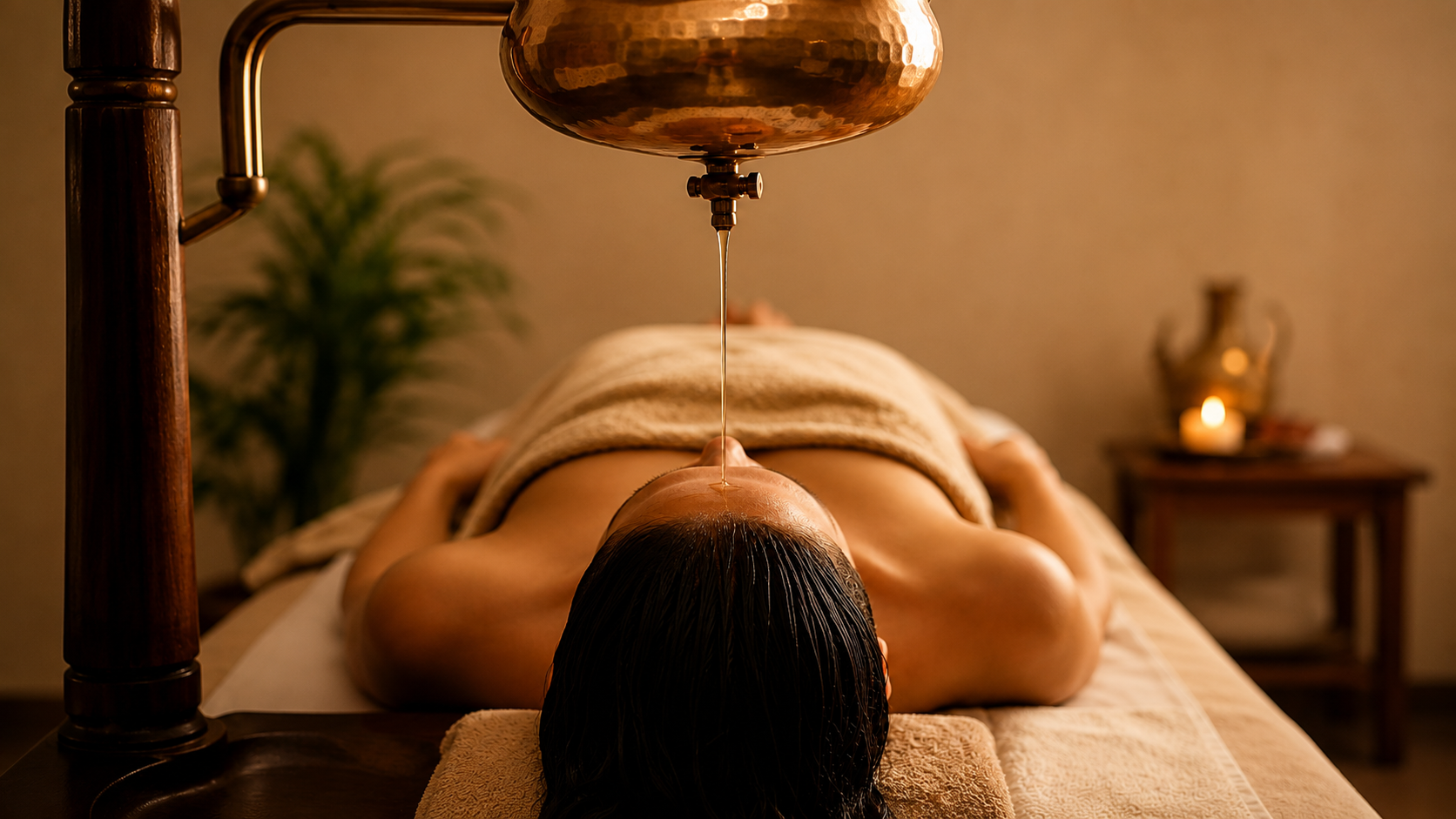 Soin Shirodhara après un massage ayurvédique Abhyanga du corps entier.