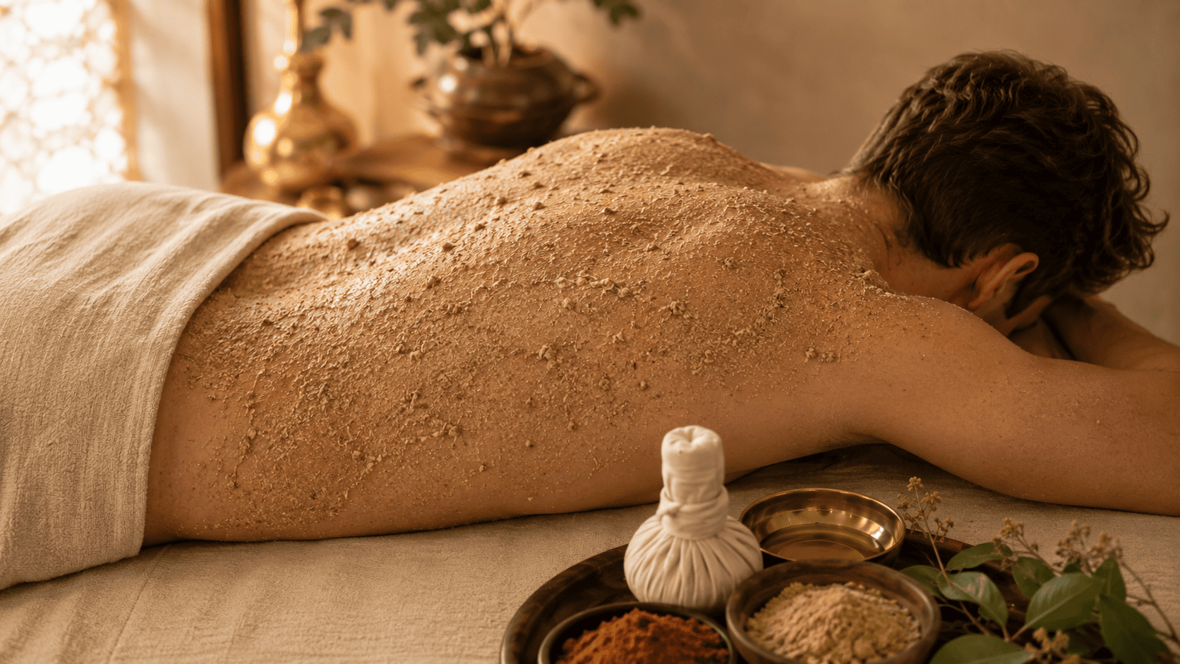 Massage Udvartana du corps réalisé avec des poudres de plantes ayurvédiques.