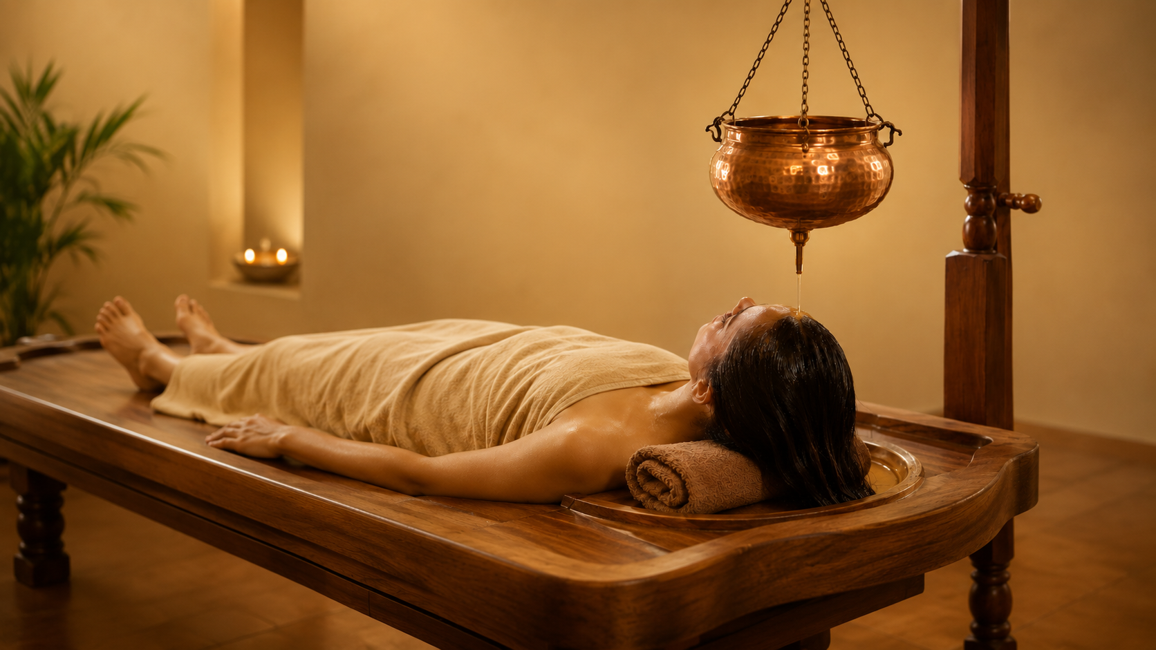 Shirodhara — un filet régulier d’huile tiède pour accompagner le corps et le mental vers un repos profond.
